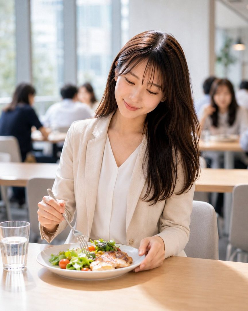 A young woman with long brown hair, wearing a light blazer, is eating a meal with a fork and knife at a table in a bright office cafeteria.