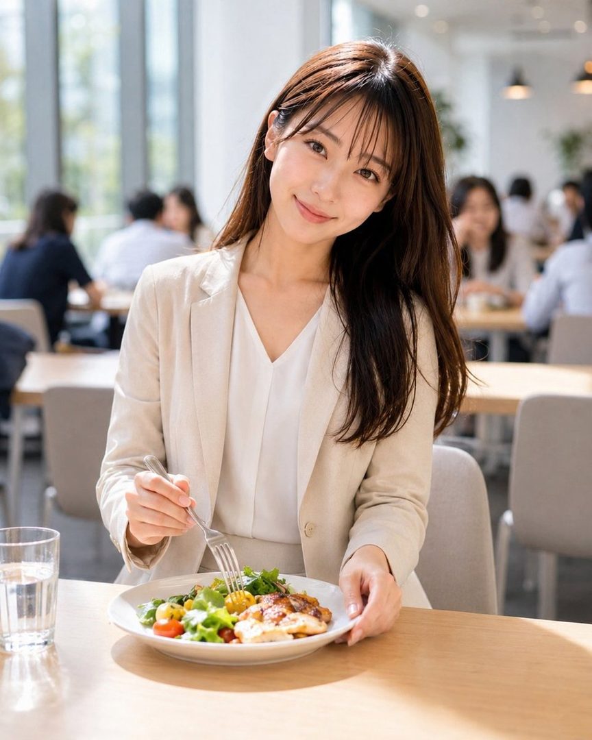 A young woman with long brown hair and bangs, wearing a light-colored suit, smiles while eating a salad at a table in a bright indoor setting.