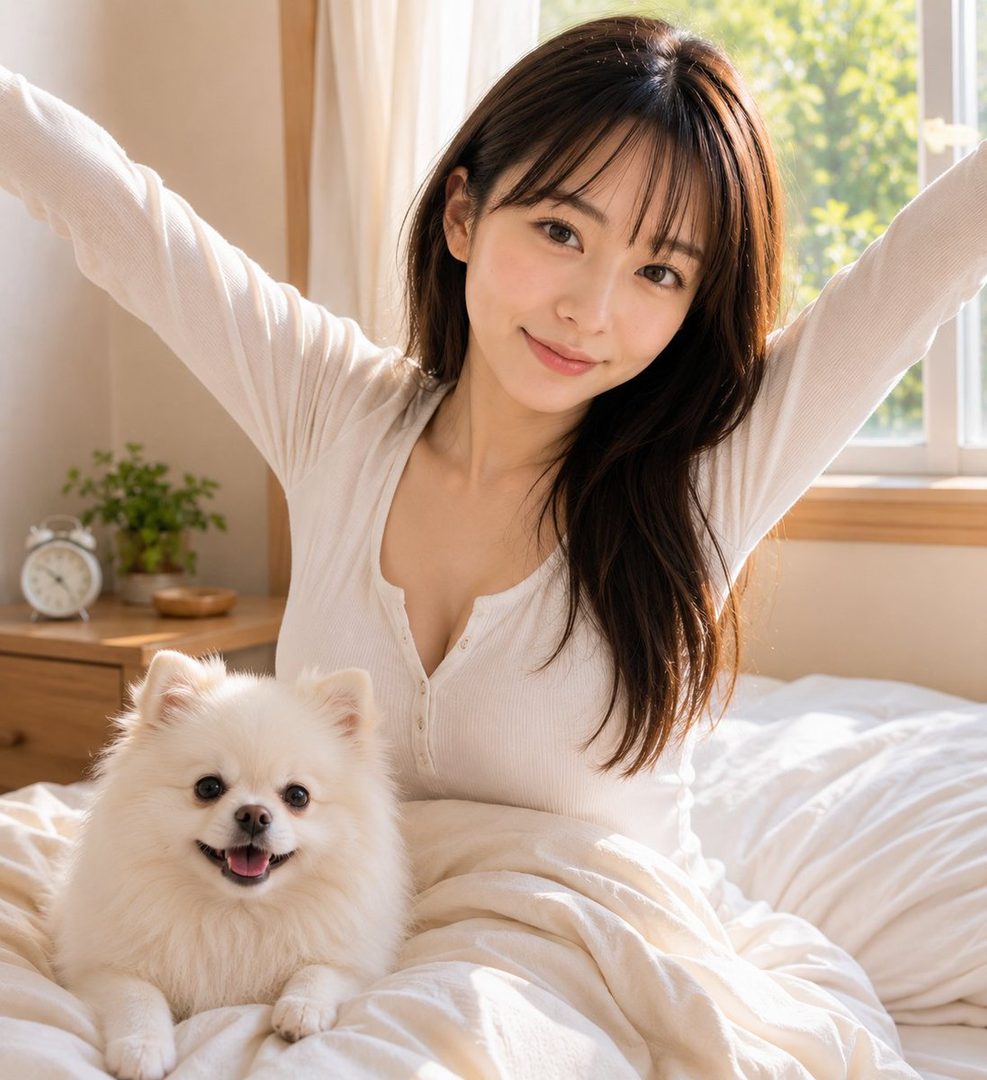 A young woman with long brown hair and bangs, wearing a white knit top, stretches in bed next to a fluffy white dog.