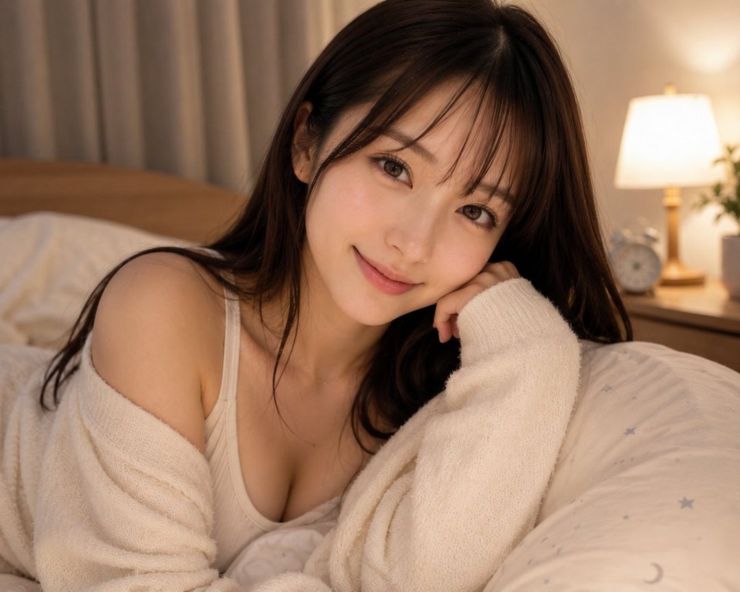 A photorealistic portrait of a young East Asian woman with long brown hair and bangs, wearing a knit top, lying on a bed in a cozy bedroom setting.