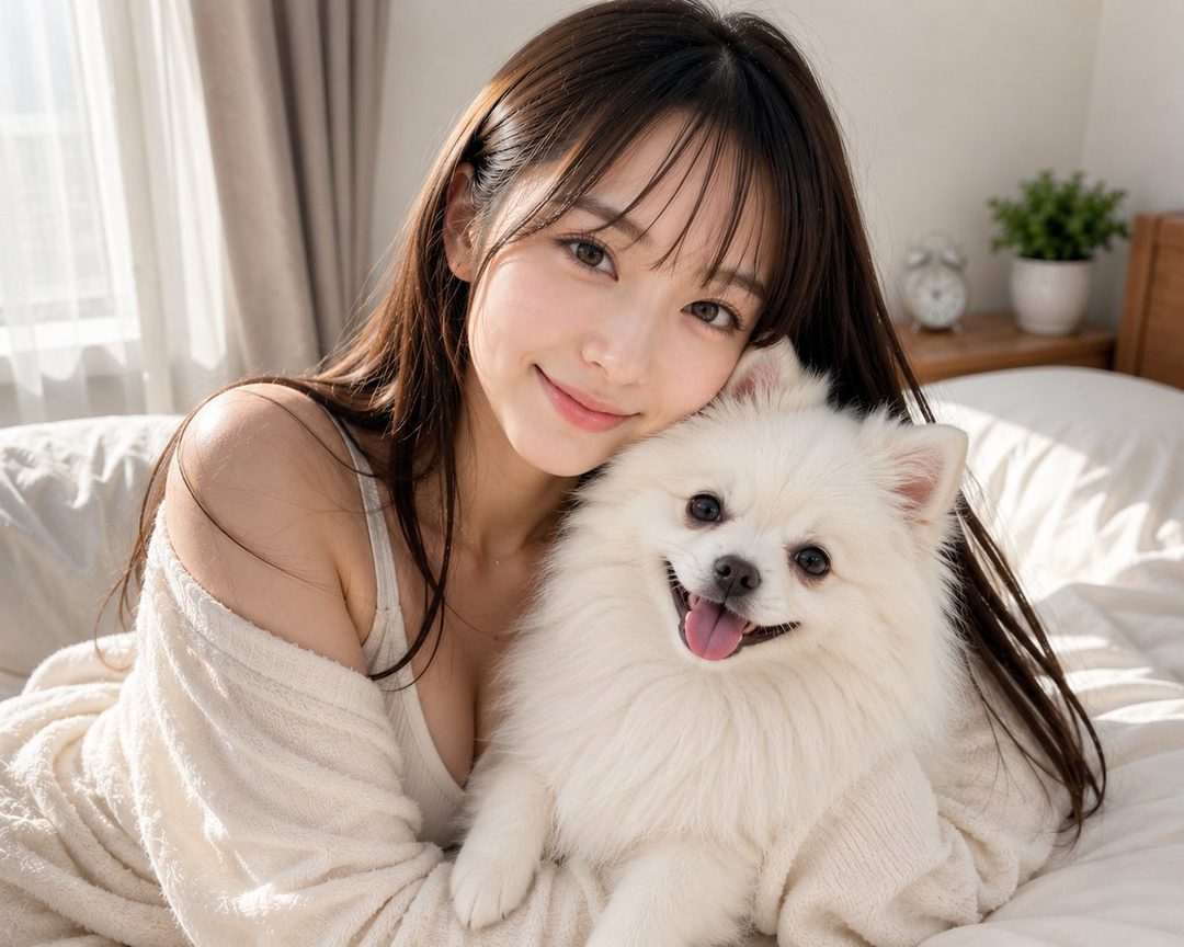 A beautiful East Asian woman with long brown hair and bangs smiles while holding a fluffy white dog in a cozy bedroom setting.