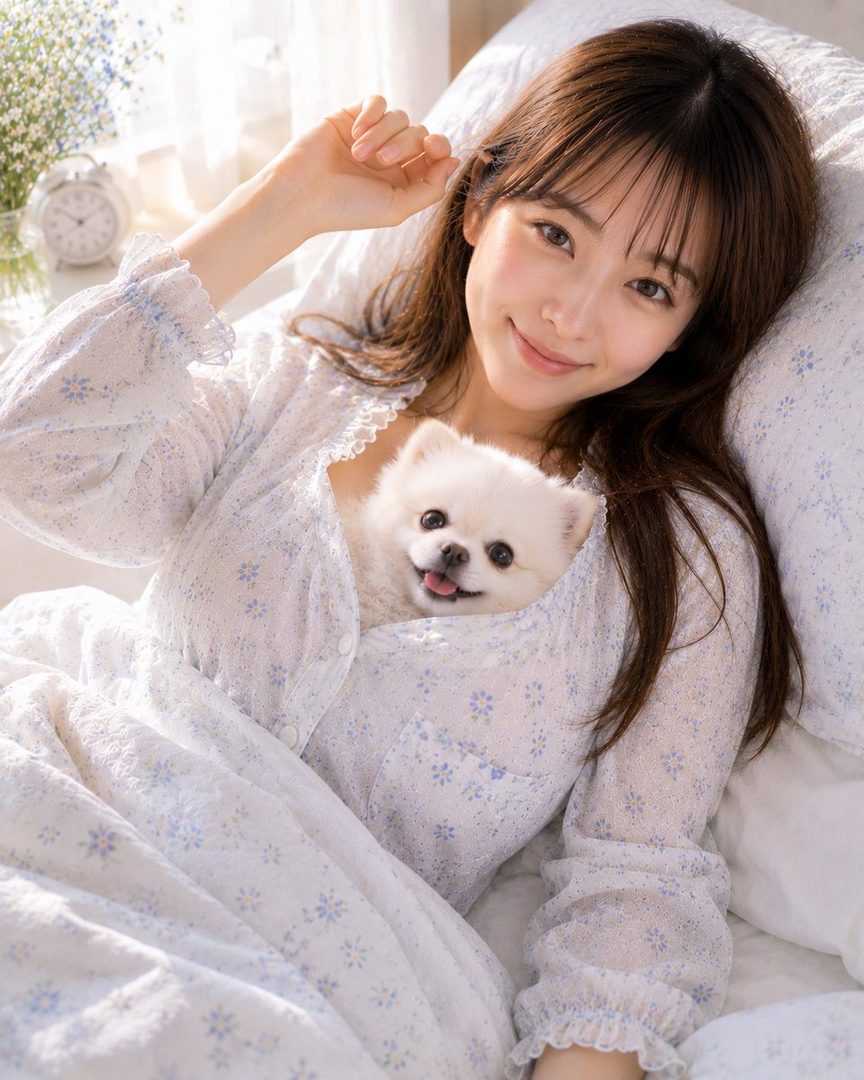 A young woman with long brown hair and bangs is lying in bed, smiling at the camera, with a small white dog peeking out from her blouse.