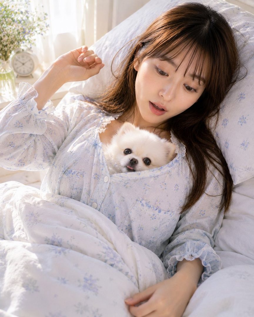 A young woman with long brown hair and bangs lies in bed, wearing a light blue patterned blouse, with a small white fluffy dog peeking out from her shirt.