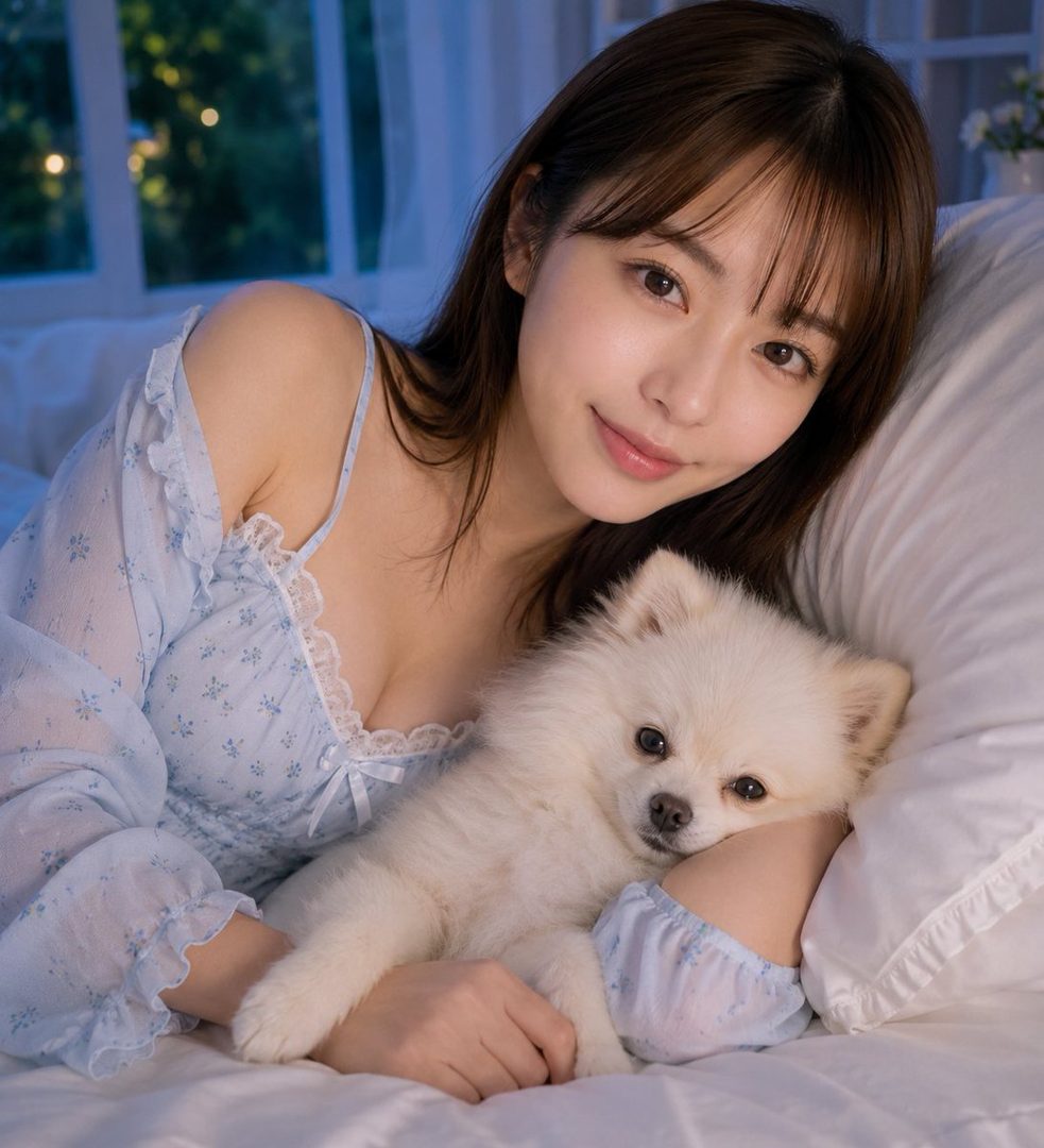 A cute East Asian woman with long brown hair and bangs, wearing light blue sleepwear, lies in bed with a small white fluffy dog.