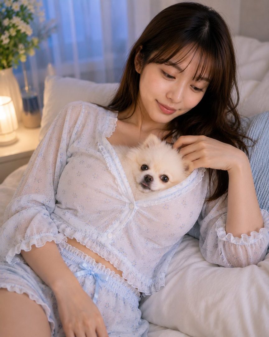 A young woman with long brown hair and bangs, wearing light blue pajamas, lies in bed with a small white dog peeking out from her top.