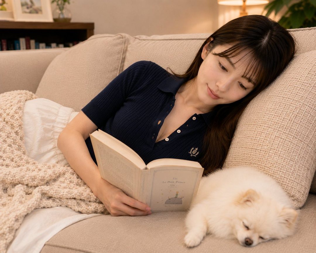 A young woman with long brown hair and bangs is relaxing on a sofa, reading a book, with a small white dog sleeping beside her.