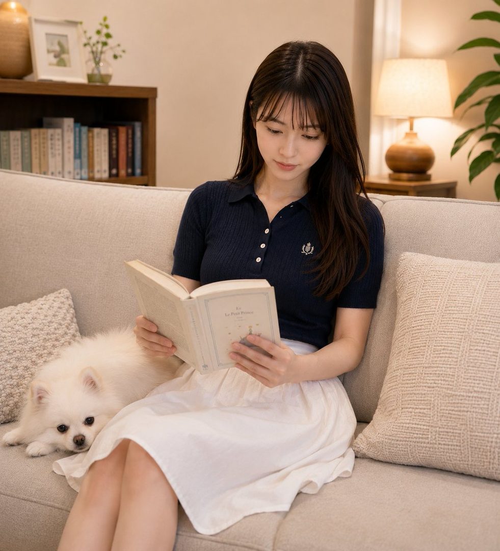 A young woman with long black hair and bangs sits on a sofa, reading a book, with a small white dog lying beside her.