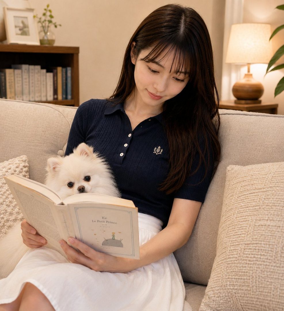 A young woman with long brown hair and bangs, wearing a navy polo shirt and white skirt, sits on a sofa reading a book with a small white fluffy dog on her lap.