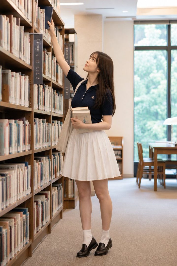 A young woman in a navy polo shirt and white skirt reaches for a book on a tall bookshelf in a library.