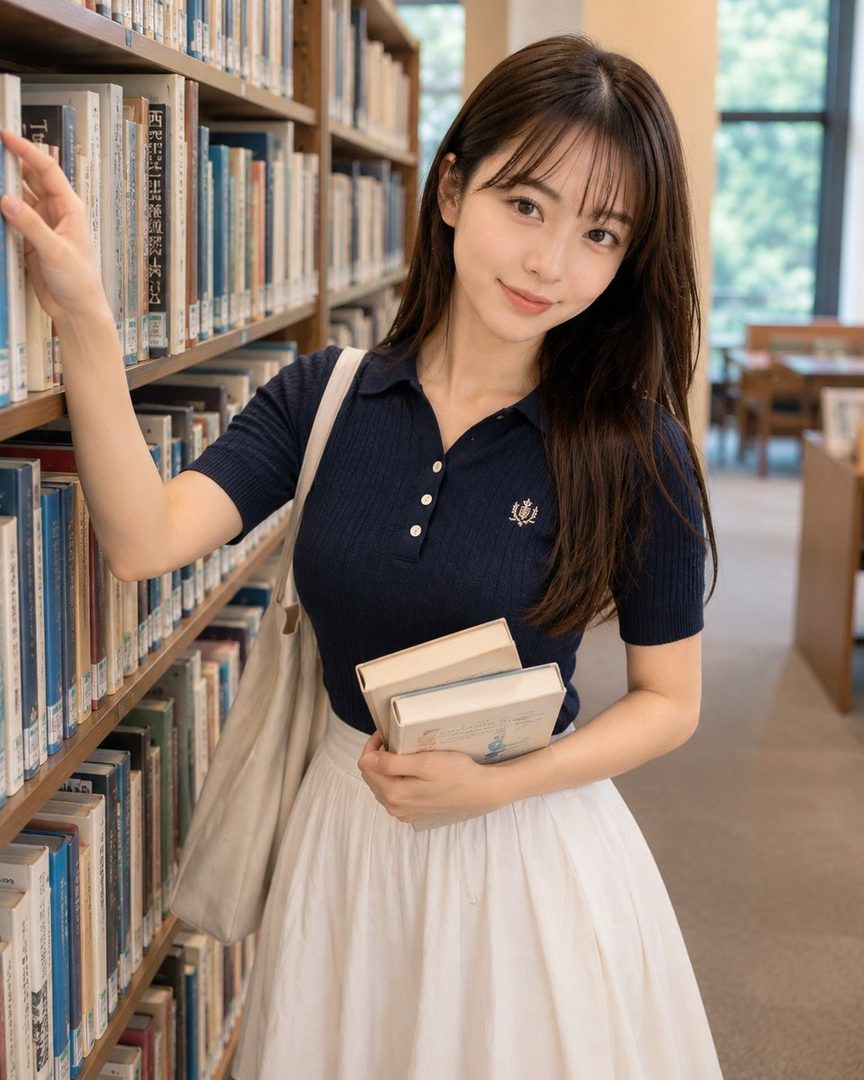 A young woman with long brown hair and bangs, wearing a navy polo shirt and white skirt, stands in a library holding books and looking at the camera.