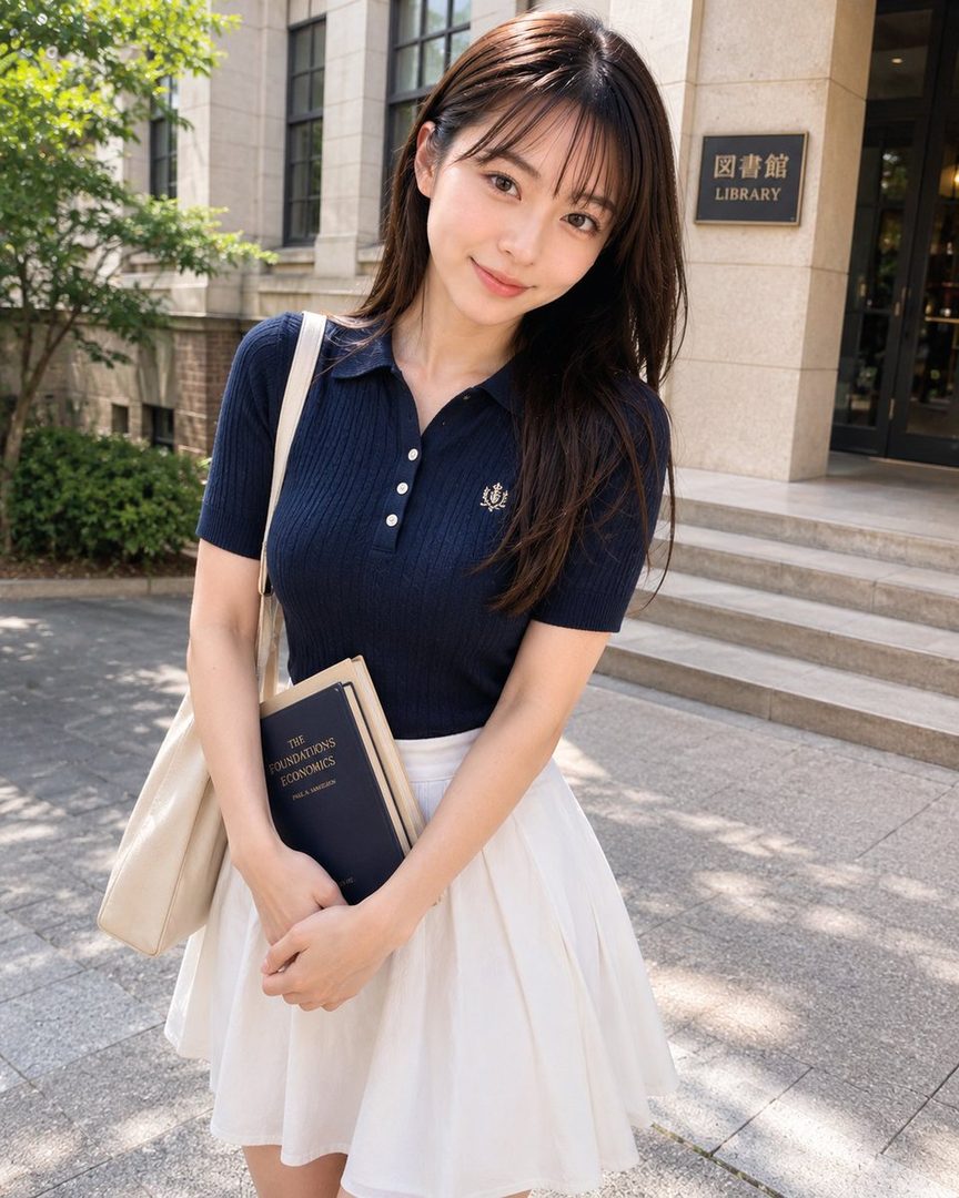 A young woman with long brown hair and bangs, wearing a navy polo shirt and white skirt, stands outside a library on a sunny day, holding a book.