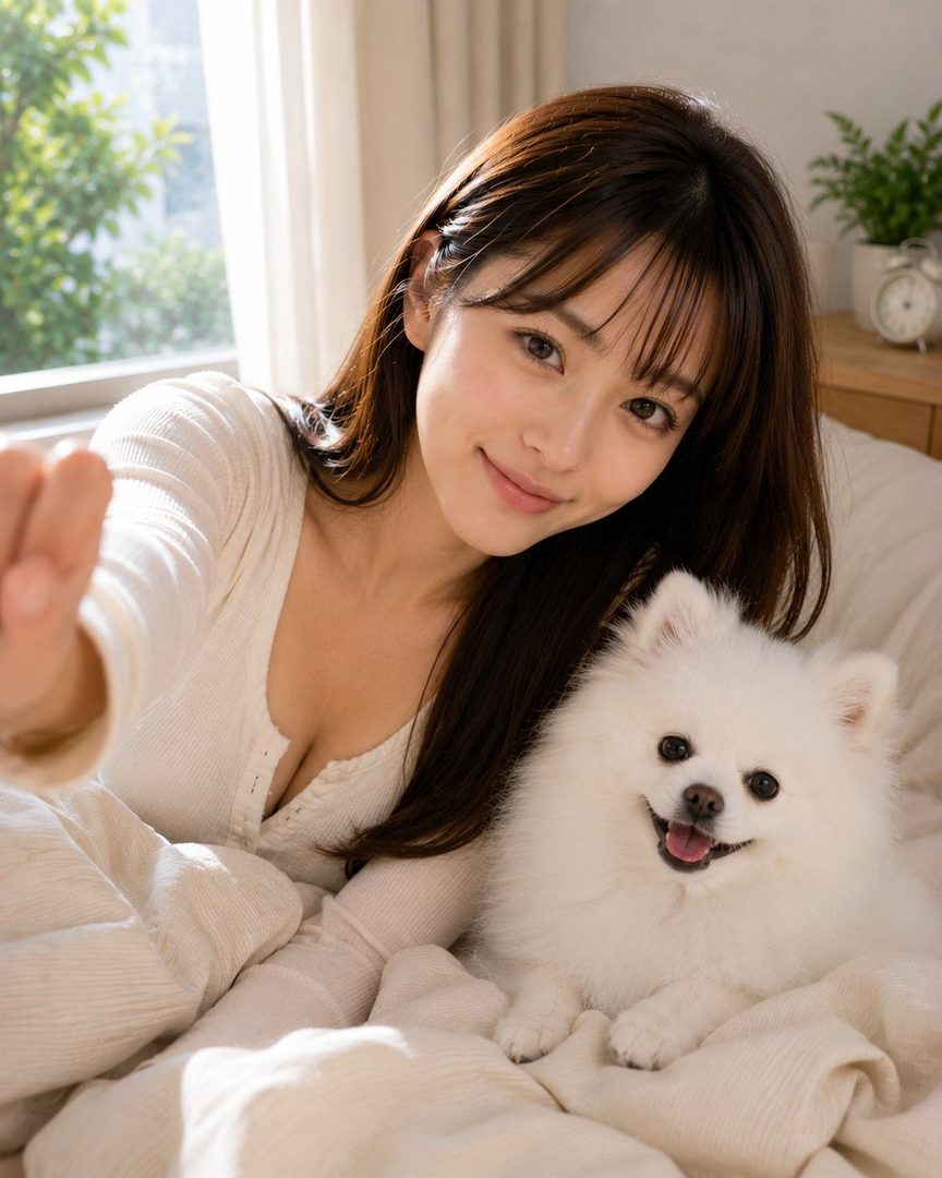 A beautiful woman with long brown hair and bangs, wearing a white knit top, smiles while lying in bed next to a fluffy white dog.