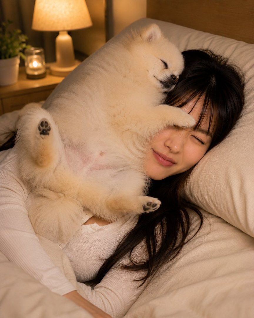 A woman with long black hair is sleeping peacefully in bed with a small white fluffy dog lying on her face.