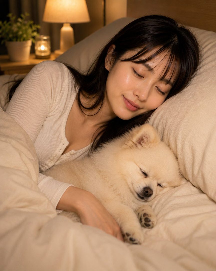A serene East Asian woman with black hair and bangs sleeps peacefully in bed next to a small white dog, illuminated by a warm bedside lamp.