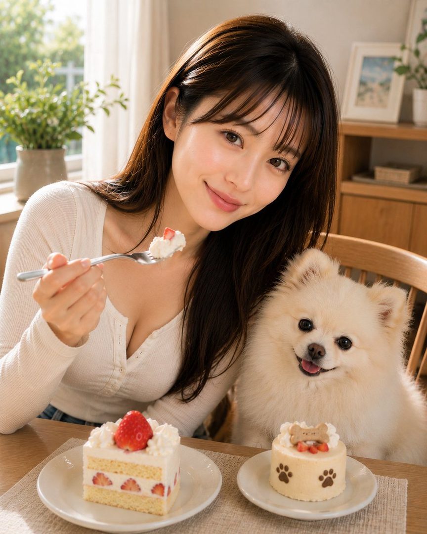 A beautiful woman with long brown hair and bangs, wearing a white knit top, smiles while holding a fork with cake, sitting at a table with a small white dog and two cakes.