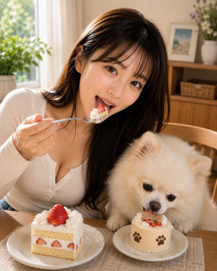 A young woman with long black hair and bangs is eating a strawberry shortcake with a small white dog next to her, also eating a small cake.