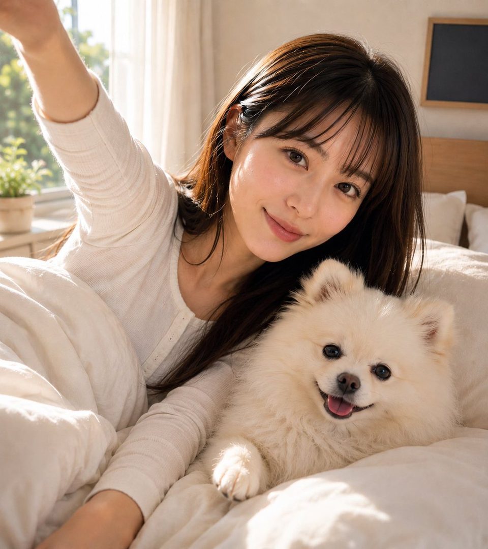 A young woman with long brown hair and bangs takes a selfie in bed with a fluffy white dog.