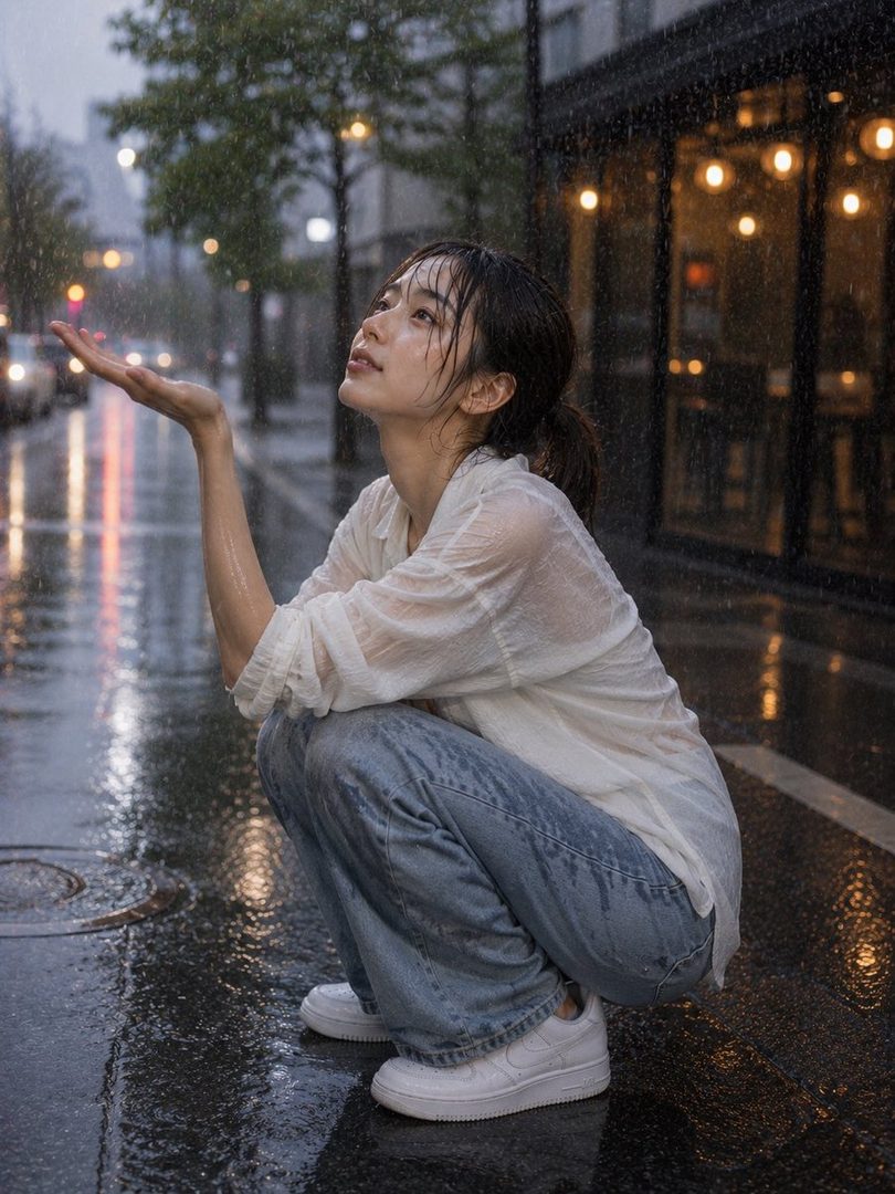 A young woman in a white shirt and jeans crouches on a wet street, looking up with her hand outstretched to catch raindrops.
