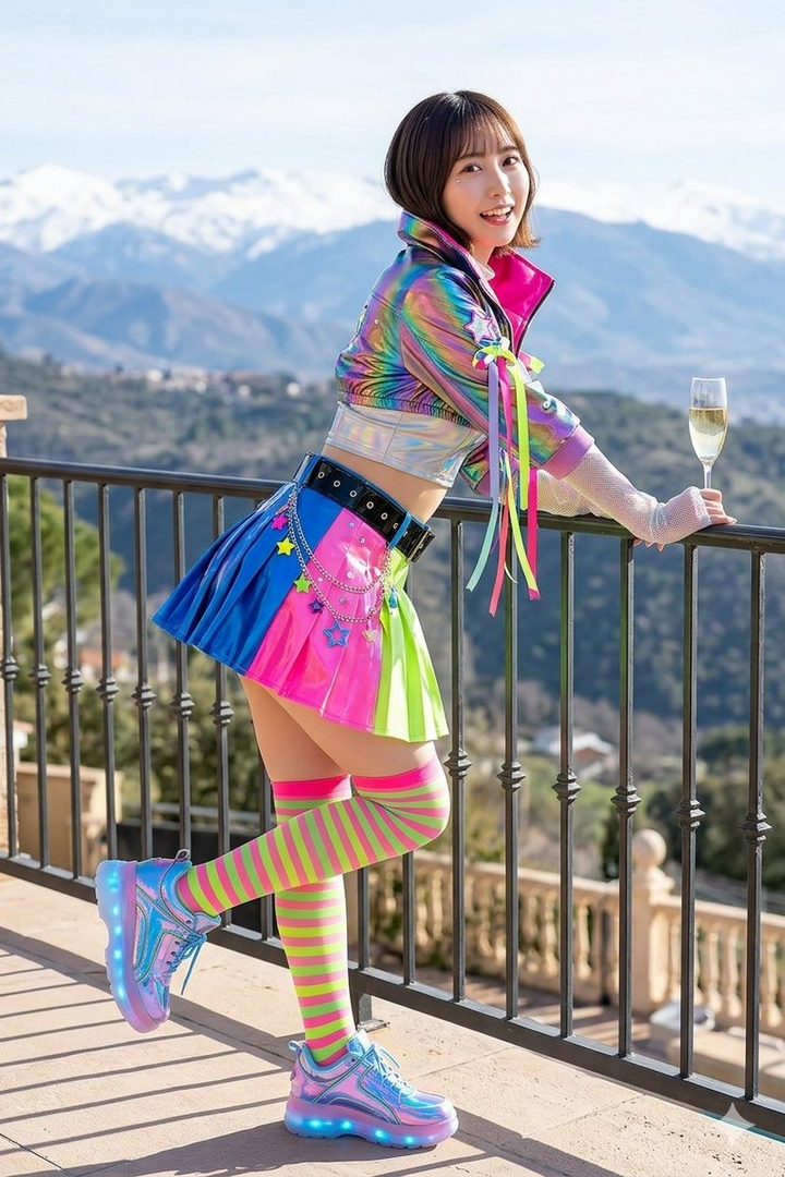 A woman in a colorful, iridescent jacket and a multi-colored pleated skirt stands on a balcony with a glass of champagne, smiling at the camera with snowy mountains in the background.