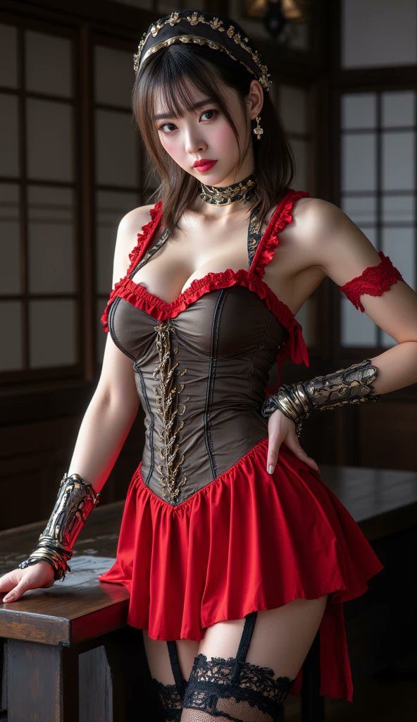 A photorealistic AI-generated portrait of a woman with black hair and bangs, wearing a red and black corset-style dress with garters, posing indoors.