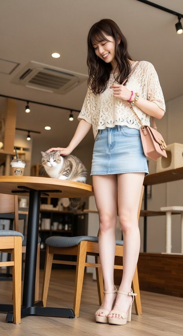 A smiling woman with long brown hair and bangs, wearing a light-colored top and a denim mini-skirt, gently pets a cat on a table in an indoor cafe setting.