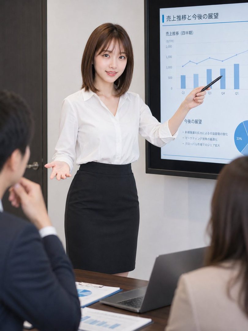 A young woman in a white blouse and black skirt is giving a presentation in an office, pointing at a graph on a screen.