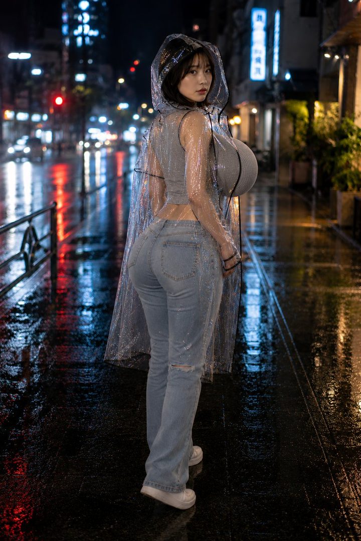 A woman in a clear raincoat and jeans stands on a wet city street at night, looking back at the camera.