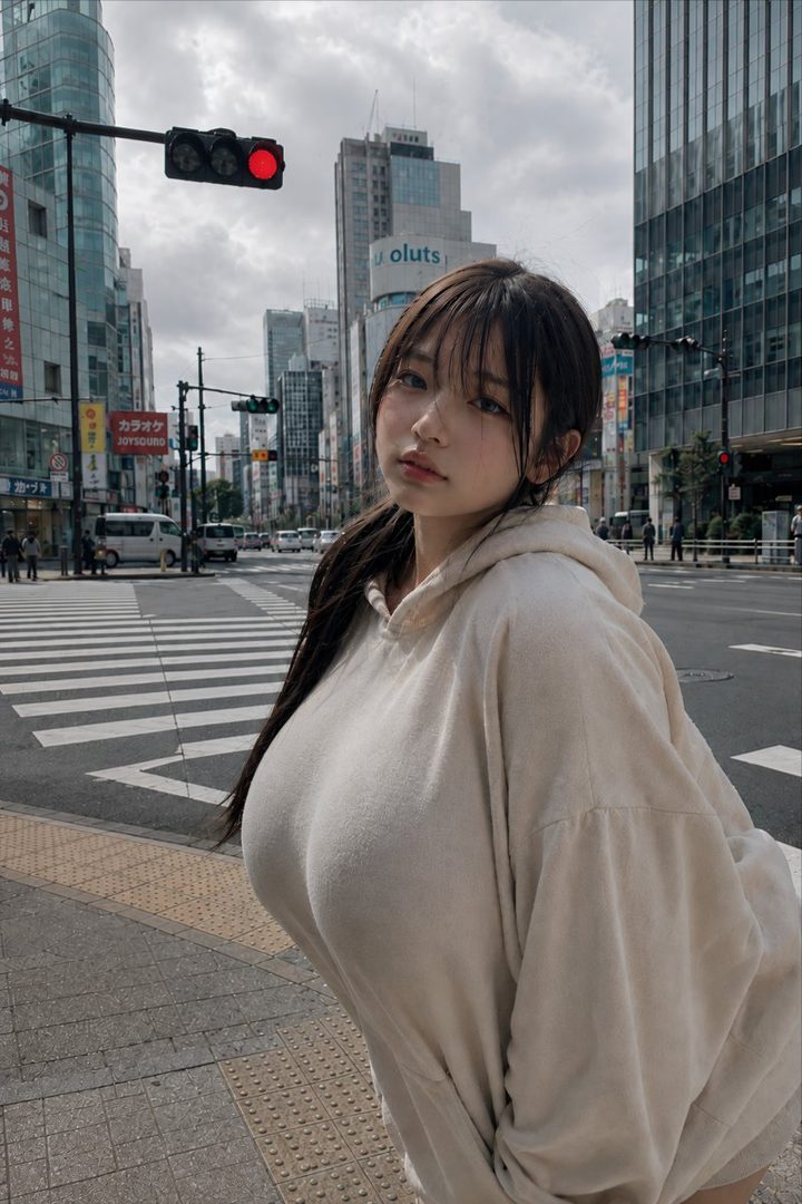 A young woman with long black hair and bangs, wearing a light-colored hoodie, stands on a city street with buildings and a traffic light in the background.