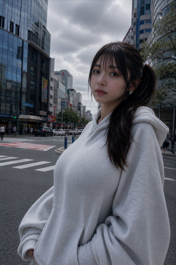 A young woman with black hair tied in a ponytail and bangs, wearing a light grey hoodie, stands on a city street with buildings and a crosswalk in the background under a cloudy sky.