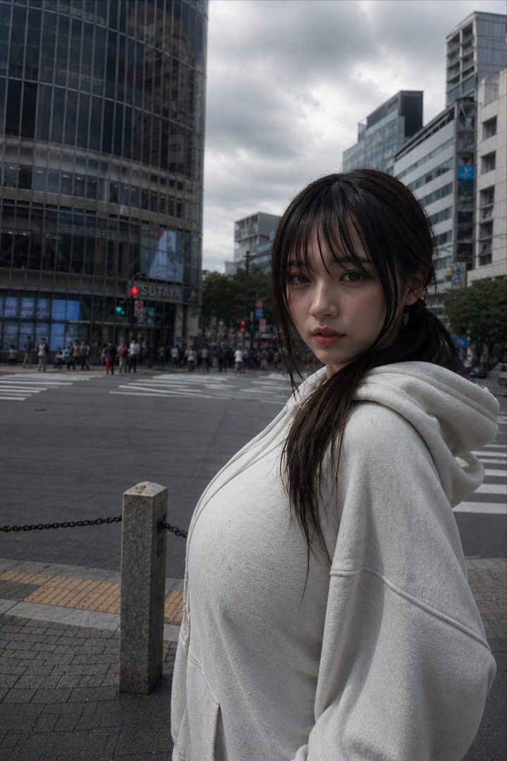 A young woman with long black hair and bangs, wearing a grey hoodie, stands on a city street with buildings and a crosswalk in the background.