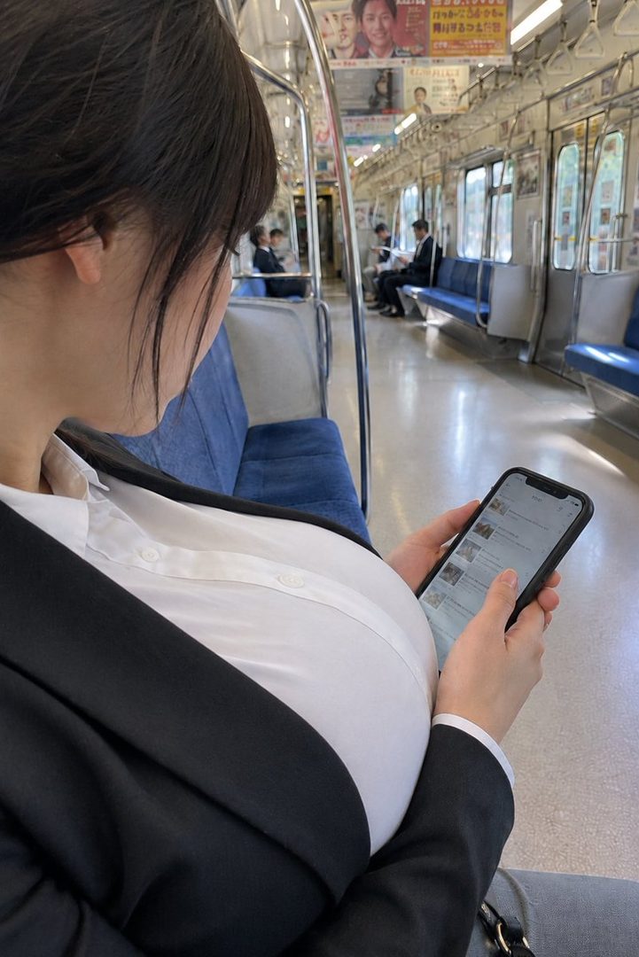 A woman with black hair wearing a white blouse and black jacket is sitting on a train, looking at her phone.