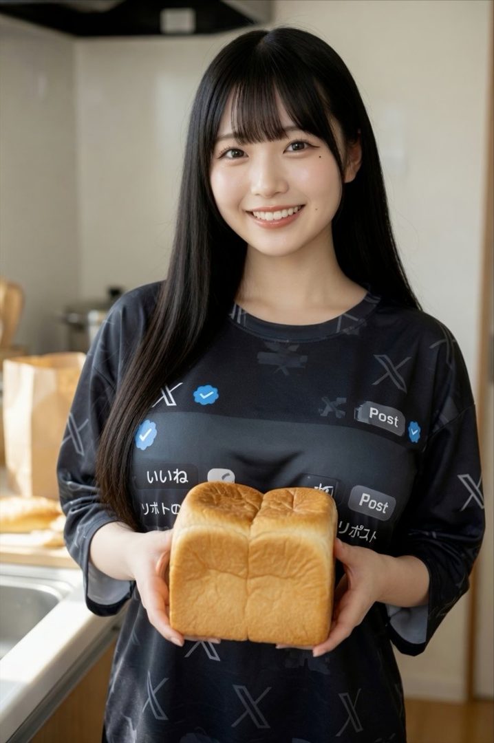 A smiling young woman with long black hair and bangs holds a loaf of bread in a kitchen.