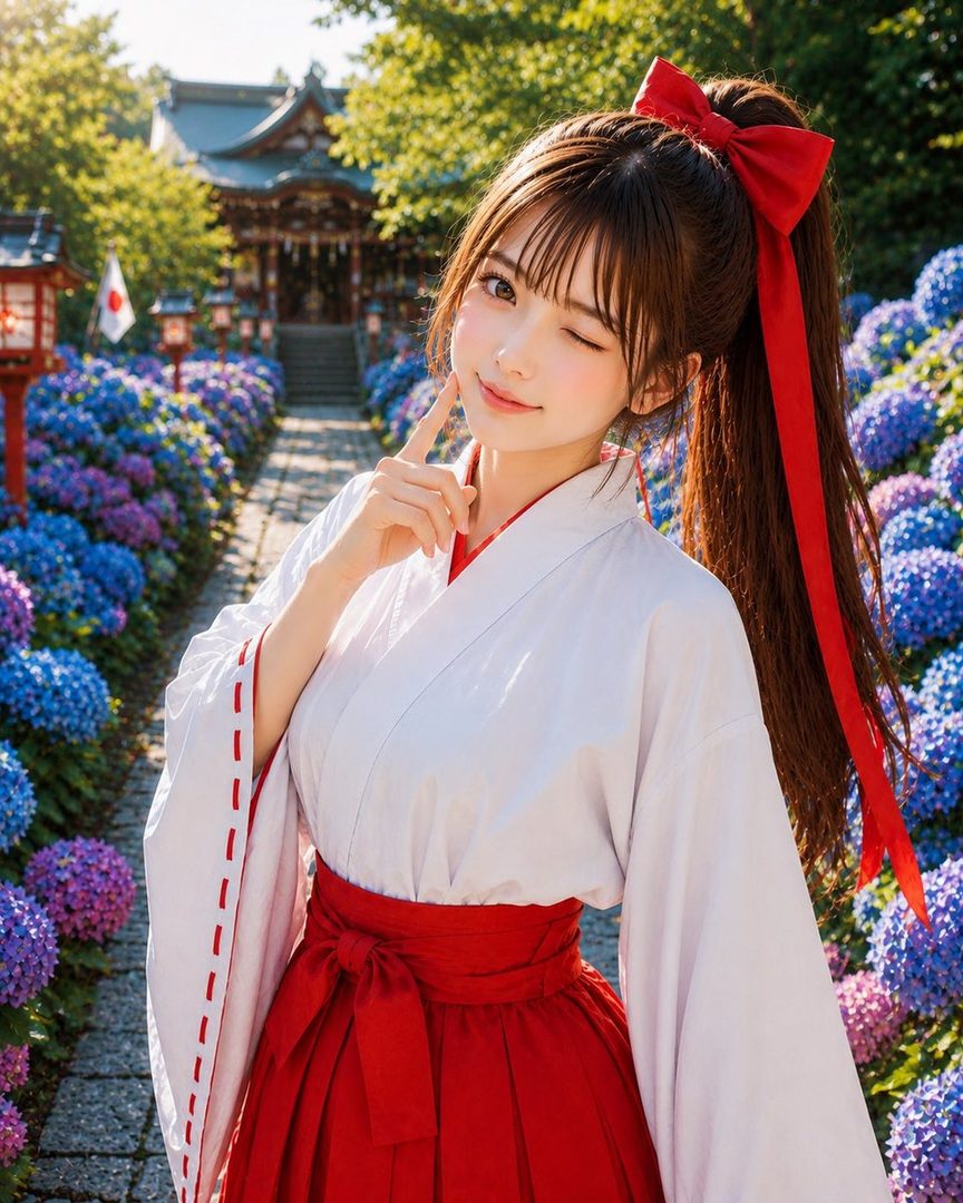 A cute Japanese woman with a red ribbon in her ponytail, wearing a white and red miko outfit, winks at the camera in a beautiful garden with hydrangeas and a shrine in the background.