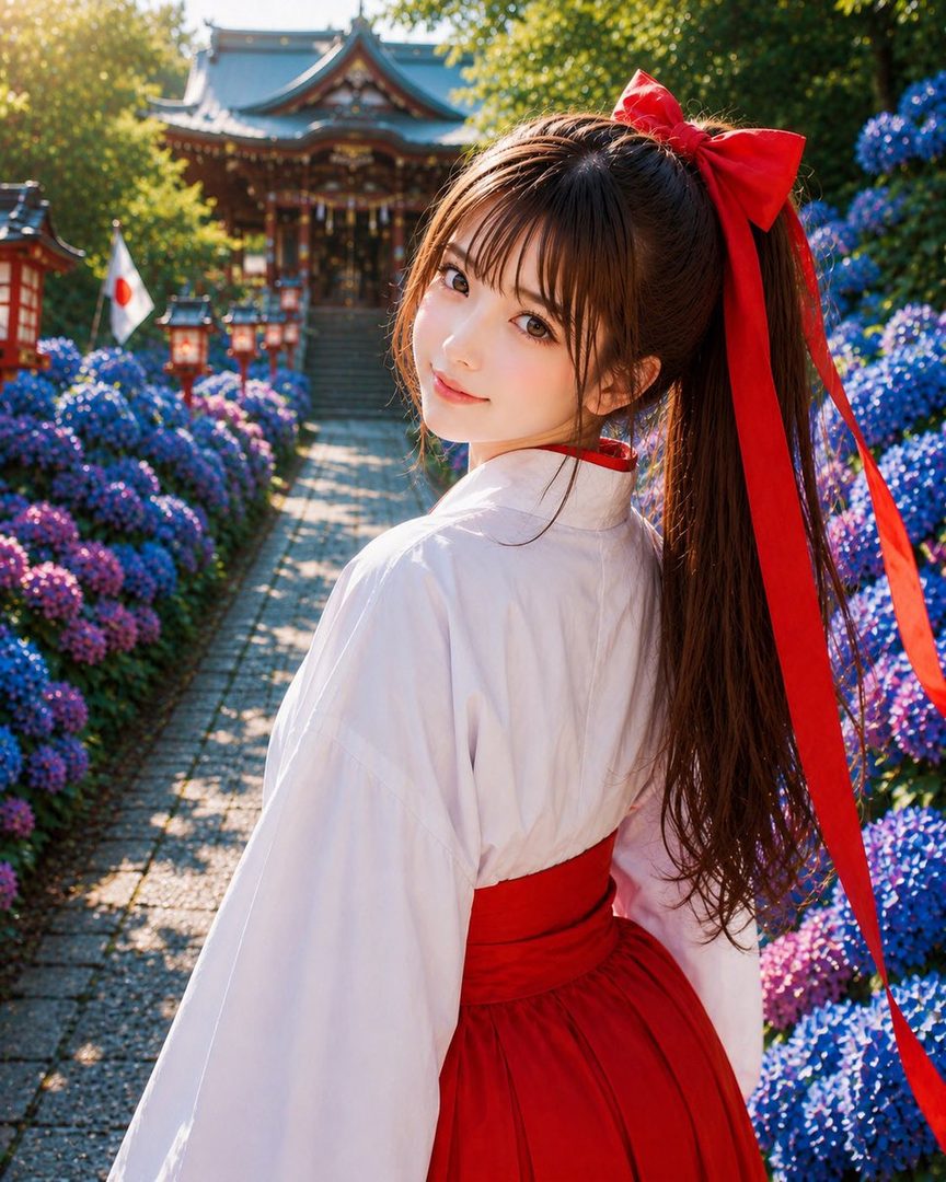 A beautiful woman with brown hair tied in a ponytail with a red ribbon, wearing a white and red miko outfit, stands in a Japanese garden with hydrangeas and a temple in the background.