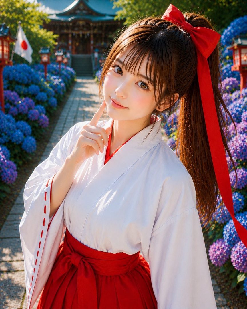 A photorealistic AI-generated image of a young Japanese woman dressed as a miko, with a red ribbon in her ponytail, standing in a temple garden filled with hydrangeas.