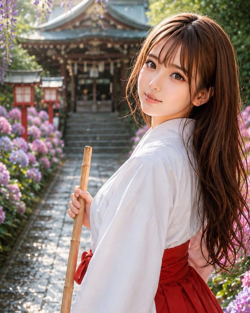 A beautiful woman in a traditional Japanese miko outfit stands in a temple garden with hydrangeas and wisteria.