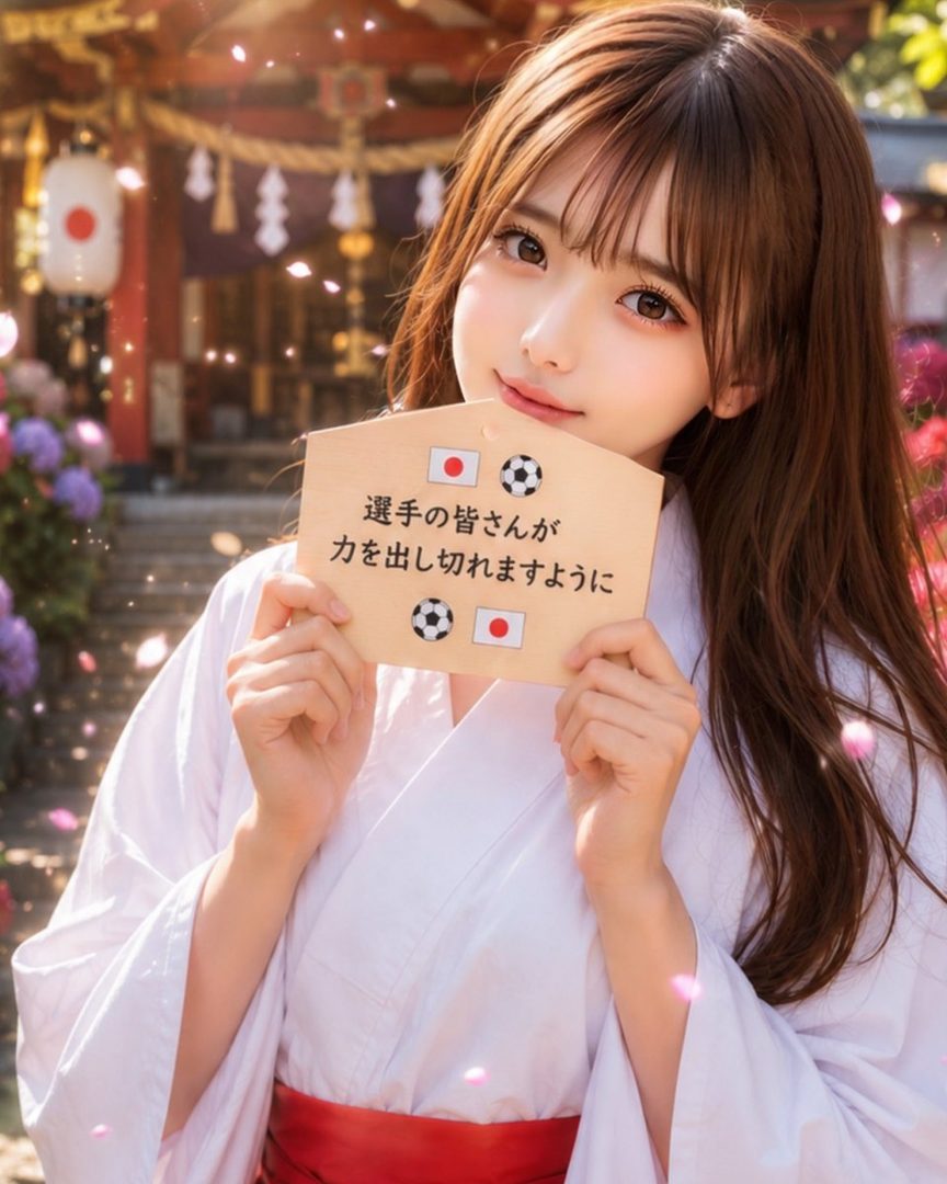A photorealistic portrait of a young woman with long brown hair and bangs, wearing a white kimono with a red obi, holding a wooden plaque with Japanese writing and soccer ball icons, with a traditional Japanese shrine and hydrangeas in the background.