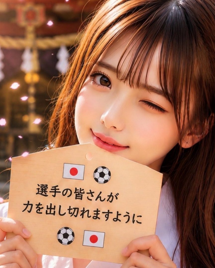 A cute Japanese woman with long brown hair winks while holding a wooden ema with a soccer ball and Japanese flag, wishing good luck for the soccer team.