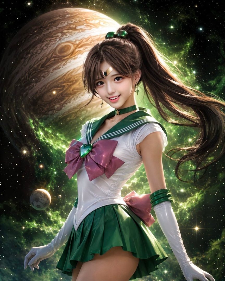 A photorealistic AI-generated image of a young woman cosplaying as Sailor Jupiter, with long brown hair in a ponytail, wearing a green and white sailor uniform, set against a cosmic background with Jupiter.
