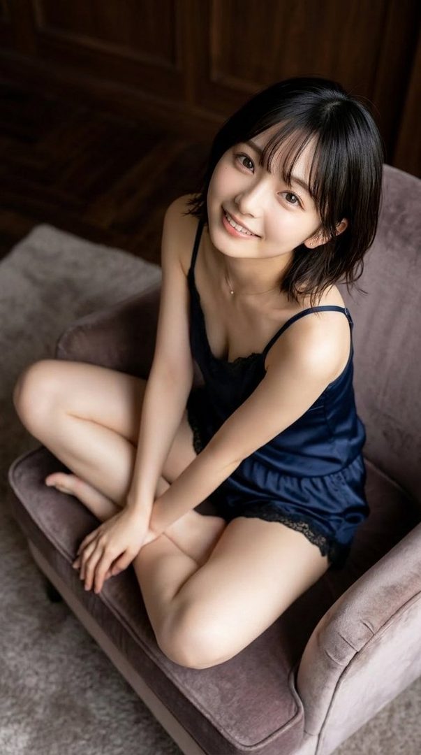 A young woman with short black hair and bangs, wearing a dark blue camisole and shorts, sits on a chair indoors and smiles at the camera.
