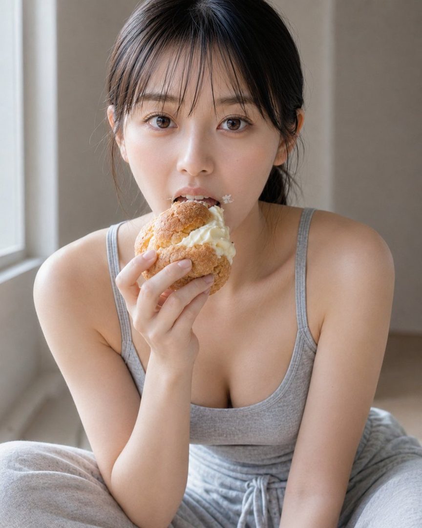 A young woman with black hair and bangs, wearing a gray tank top, is eating a cream puff indoors.