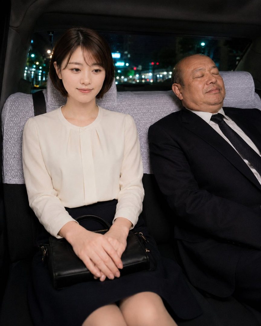 A young woman with short brown hair and a white blouse sits in the back of a car at night, next to an older man in a suit who is sleeping.