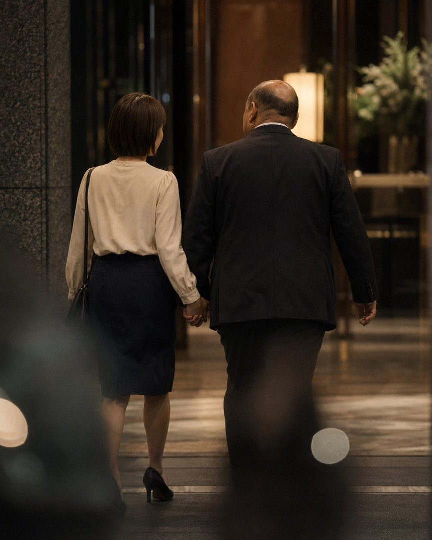A man and a woman, both dressed in business attire, walk hand-in-hand down a dimly lit indoor hallway.