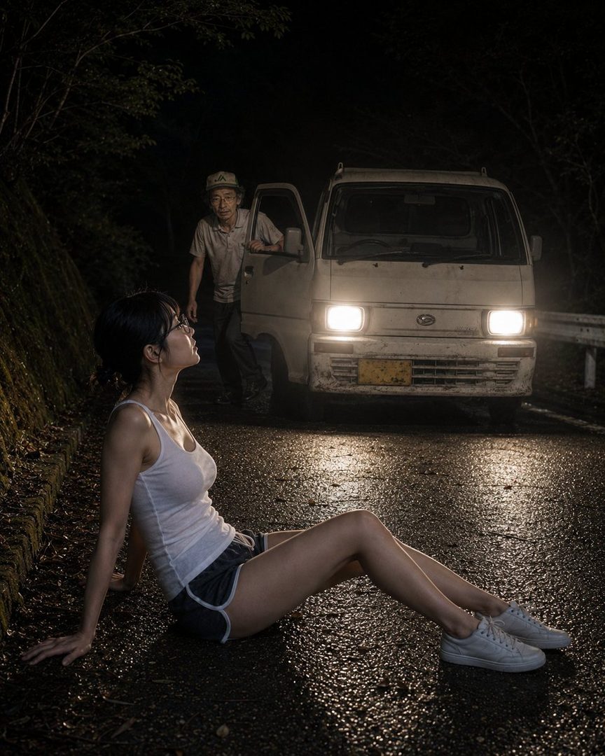 A woman in a white tank top and shorts sits on a wet road at night, looking up at a man standing by an old white van with its headlights on.
