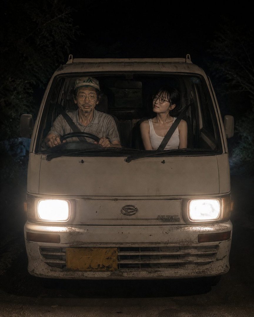 A man and a woman are sitting in an old white van at night, with the headlights on.