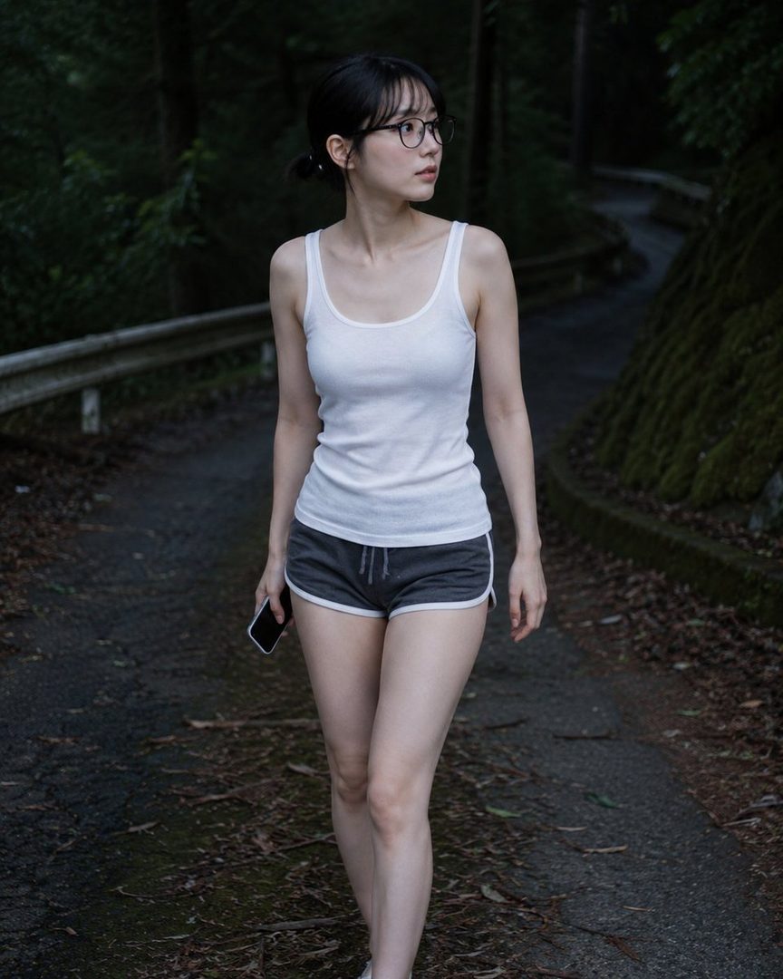 A young woman with black hair and glasses, wearing a white tank top and gray shorts, walks on a path in a forest.
