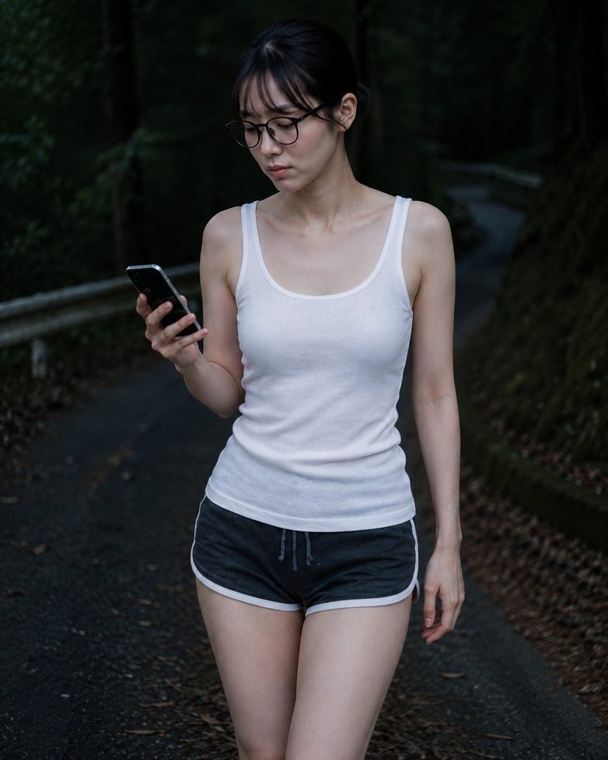 A young woman with black hair and glasses, wearing a white tank top and black shorts, walks on a path while looking at her phone.