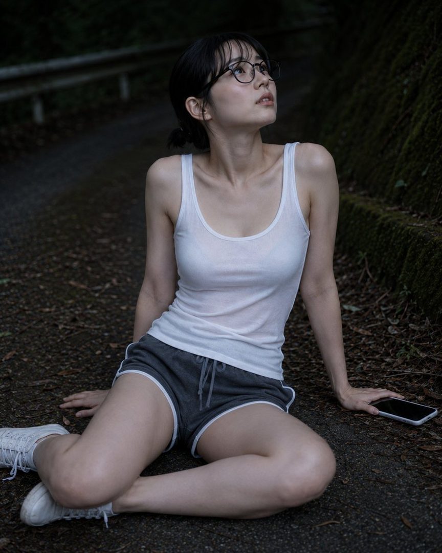 A young woman with black hair and glasses, wearing a white tank top and grey shorts, sits on a dark road looking up.