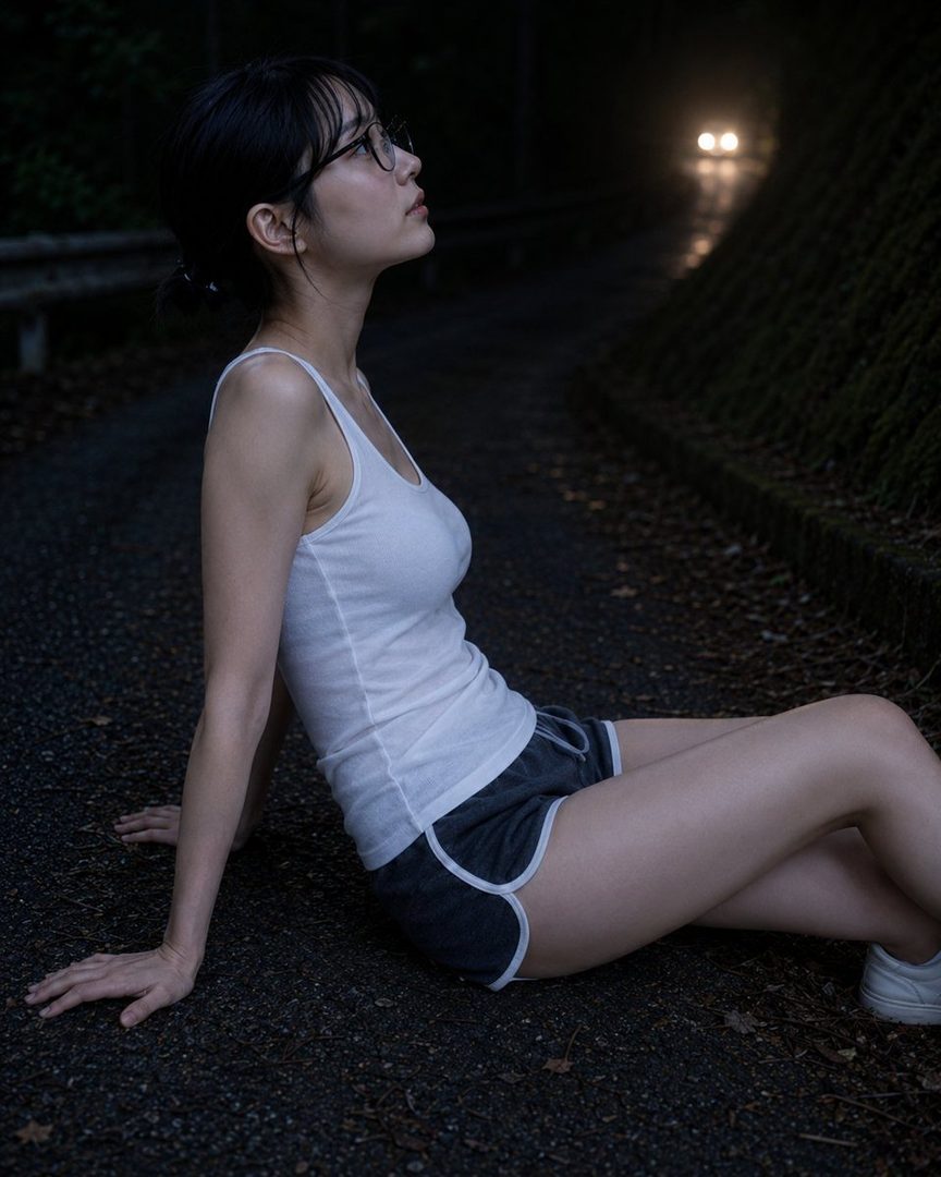 A young woman with black hair and glasses, wearing a white tank top and shorts, sits on a dark road at night, looking up at distant car headlights.
