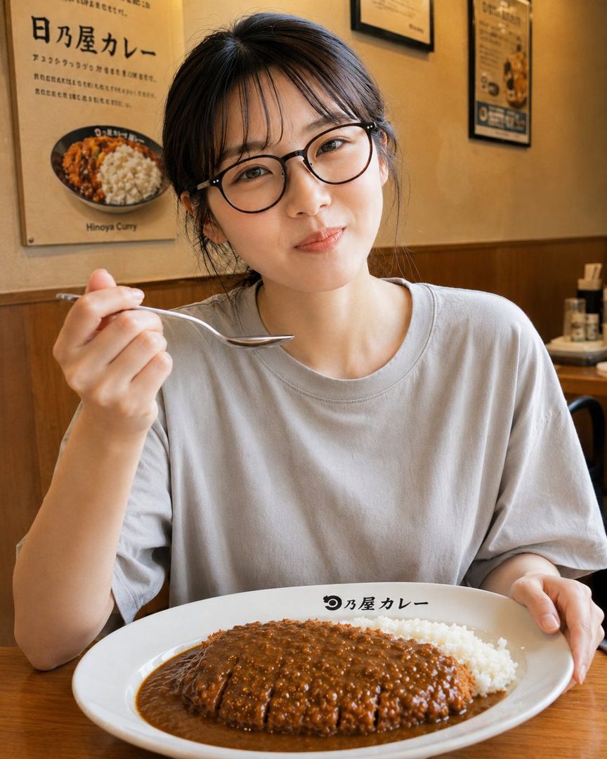 A young woman with black hair and glasses is smiling while holding a spoon and a plate of curry rice in a restaurant.